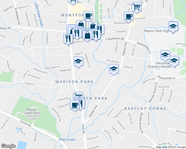 map of restaurants, bars, coffee shops, grocery stores, and more near 4731 Hedgemore Drive in Charlotte