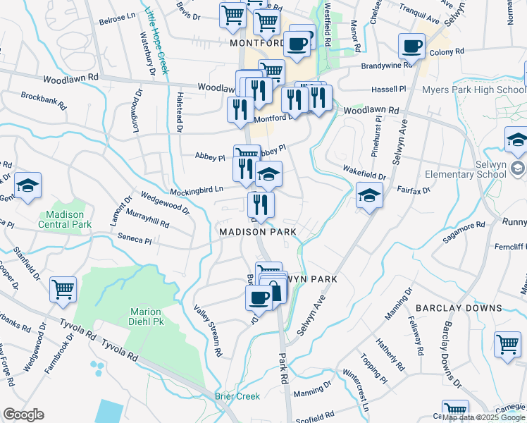 map of restaurants, bars, coffee shops, grocery stores, and more near 4717 Park Road in Charlotte