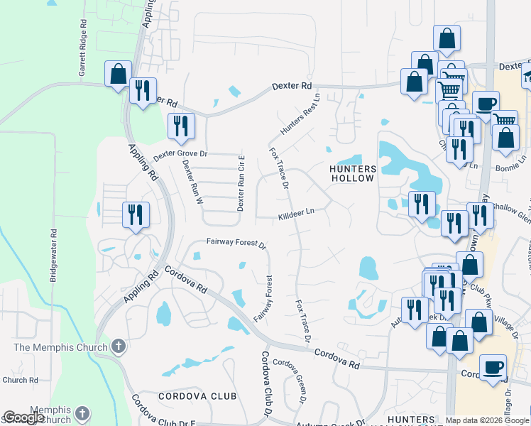 map of restaurants, bars, coffee shops, grocery stores, and more near 7700 Killdeer Ln in Memphis
