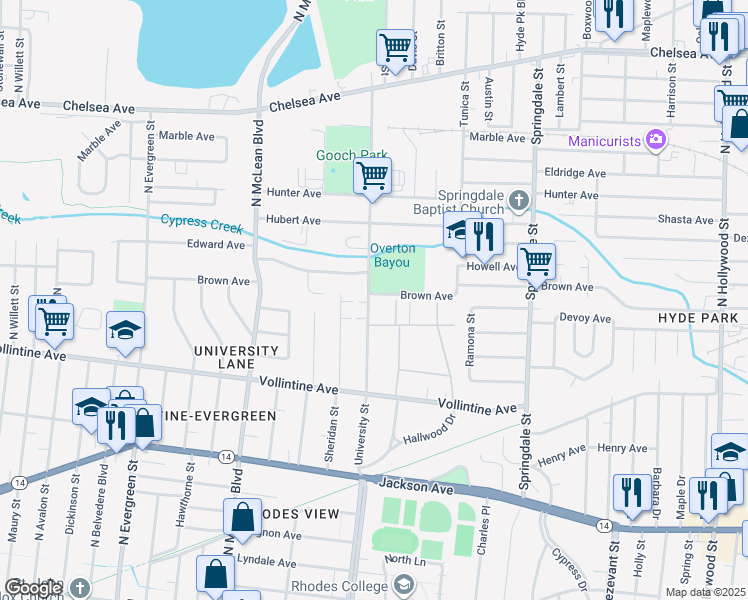 map of restaurants, bars, coffee shops, grocery stores, and more near 1059 University Street in Memphis