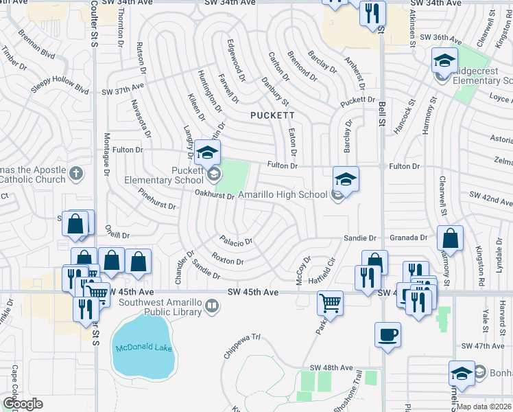 map of restaurants, bars, coffee shops, grocery stores, and more near 6507 Oakhurst Drive in Amarillo