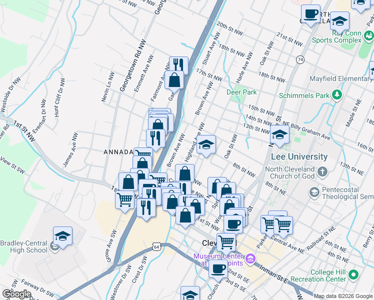 map of restaurants, bars, coffee shops, grocery stores, and more near 620 Highland Avenue Northwest in Cleveland