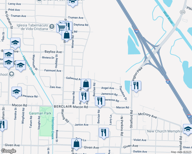 map of restaurants, bars, coffee shops, grocery stores, and more near 1272 Berclair Road in Memphis