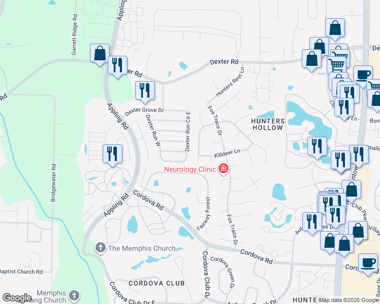 map of restaurants, bars, coffee shops, grocery stores, and more near 1492 Dexter Run East in Memphis