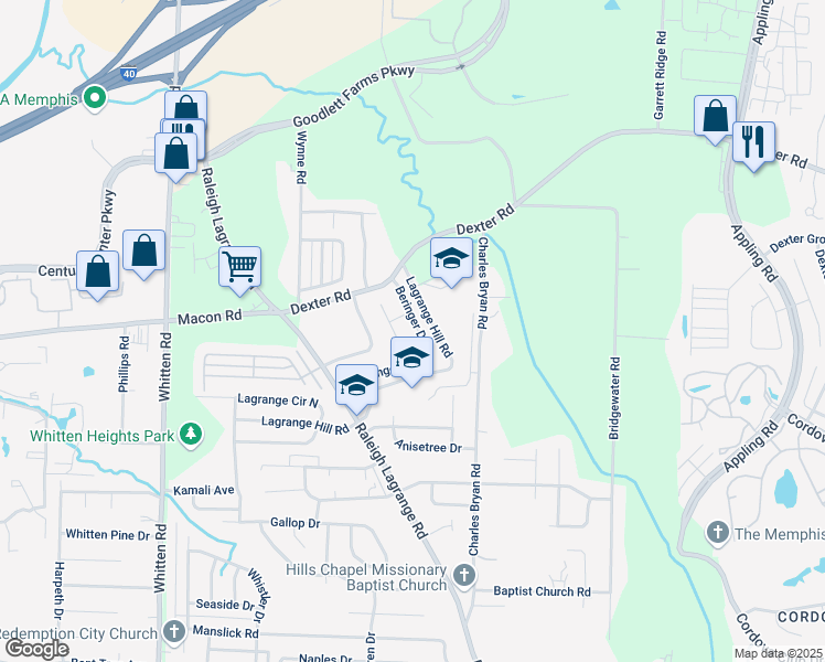 map of restaurants, bars, coffee shops, grocery stores, and more near 1495 Beringer Drive in Shelby County