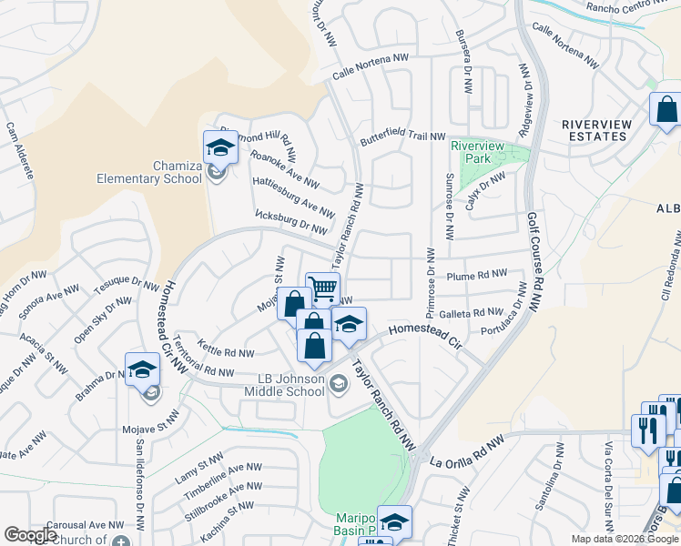 map of restaurants, bars, coffee shops, grocery stores, and more near 7301 Santa Fe Trail Northwest in Albuquerque