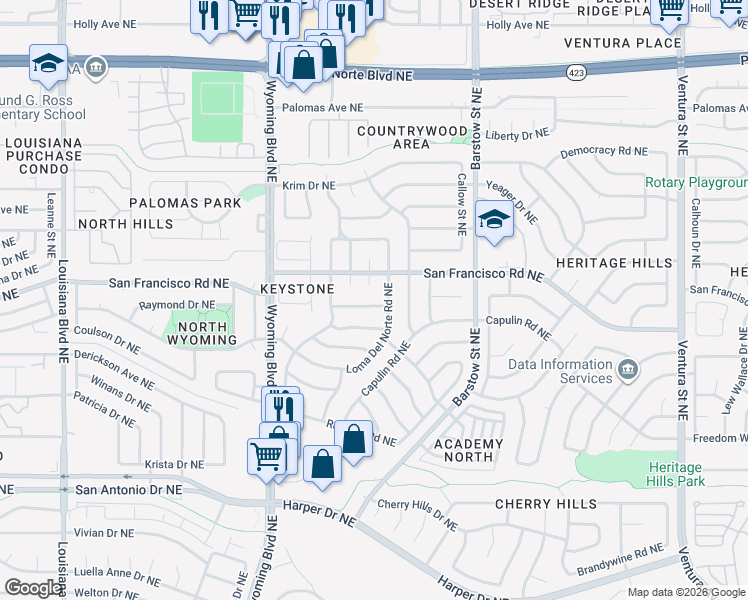 map of restaurants, bars, coffee shops, grocery stores, and more near 8133 Shannon Street Northeast in Albuquerque