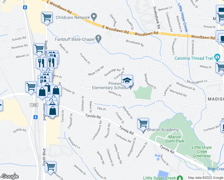 map of restaurants, bars, coffee shops, grocery stores, and more near 619 Seneca Place in Charlotte