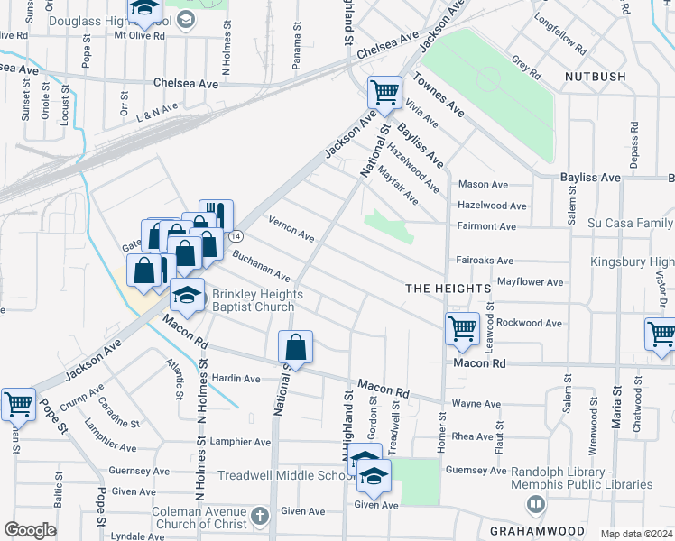 map of restaurants, bars, coffee shops, grocery stores, and more near 3476 Rockwood Avenue in Memphis