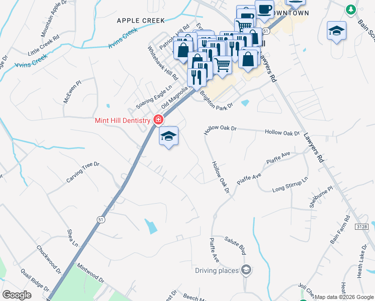 map of restaurants, bars, coffee shops, grocery stores, and more near in Mint Hill