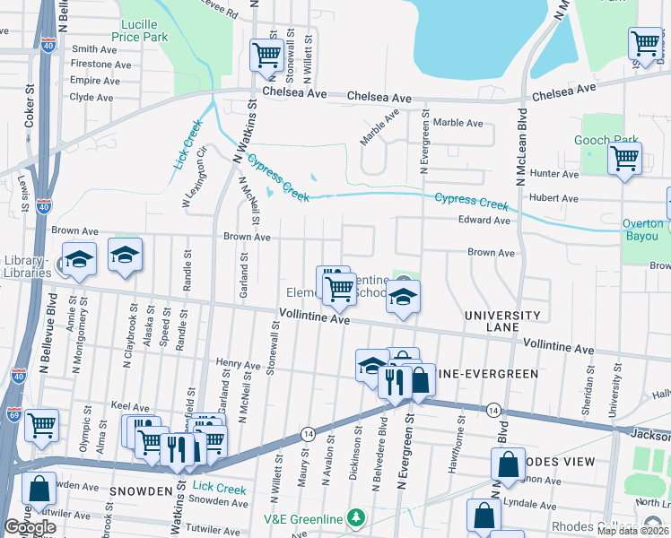 map of restaurants, bars, coffee shops, grocery stores, and more near 1009 North Avalon Street in Memphis