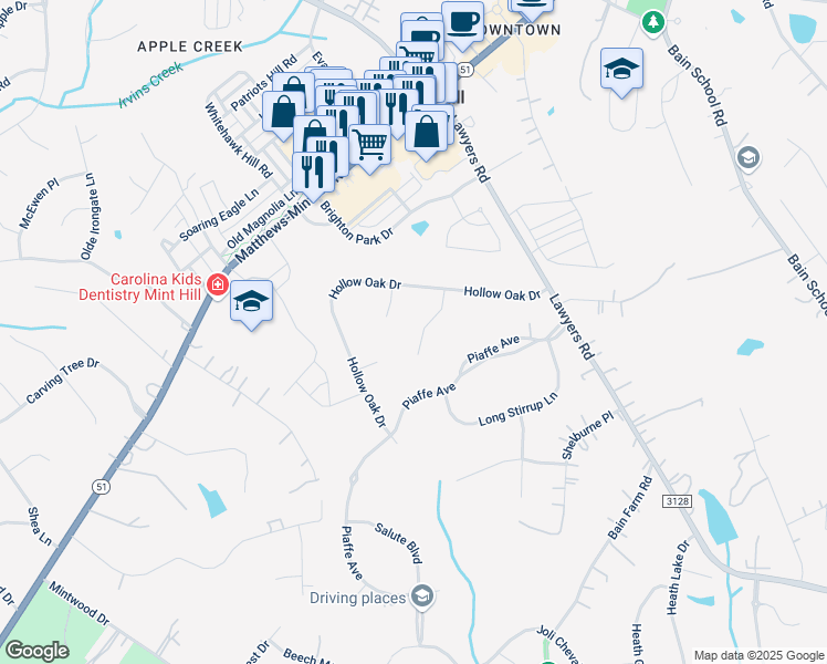 map of restaurants, bars, coffee shops, grocery stores, and more near 12010 Shady Oak Court in Mint Hill