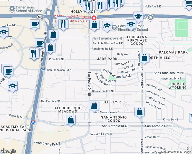 map of restaurants, bars, coffee shops, grocery stores, and more near 6512 Jade Park Avenue Northeast in Albuquerque