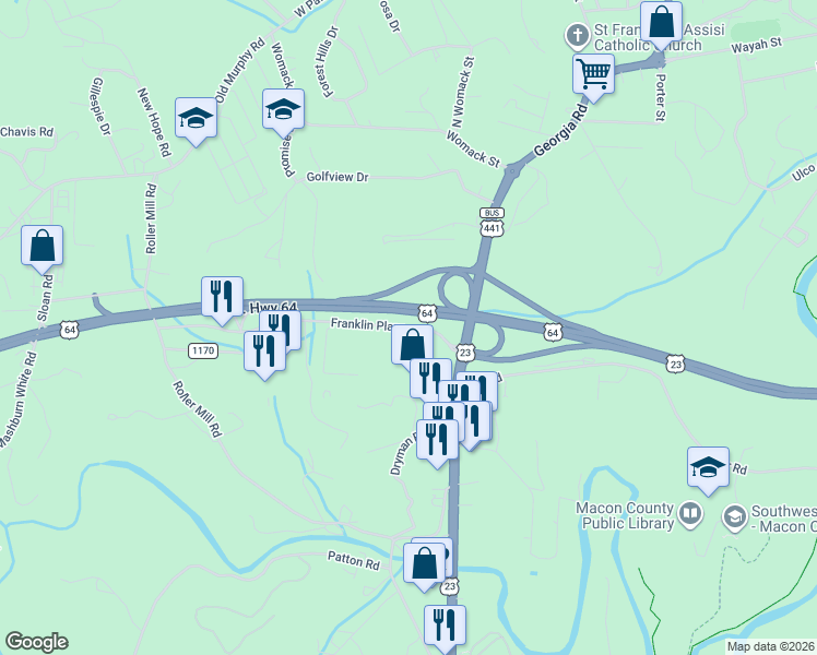 map of restaurants, bars, coffee shops, grocery stores, and more near 154 Franklin Plaza in Franklin