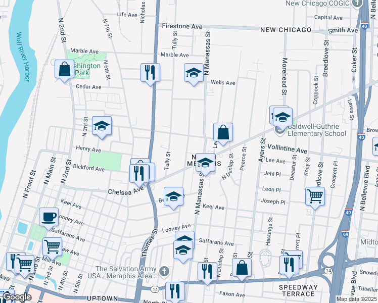 map of restaurants, bars, coffee shops, grocery stores, and more near 922 Woodlawn Street in Memphis