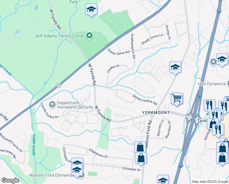 map of restaurants, bars, coffee shops, grocery stores, and more near 401 Sleepy Hollow Road in Charlotte