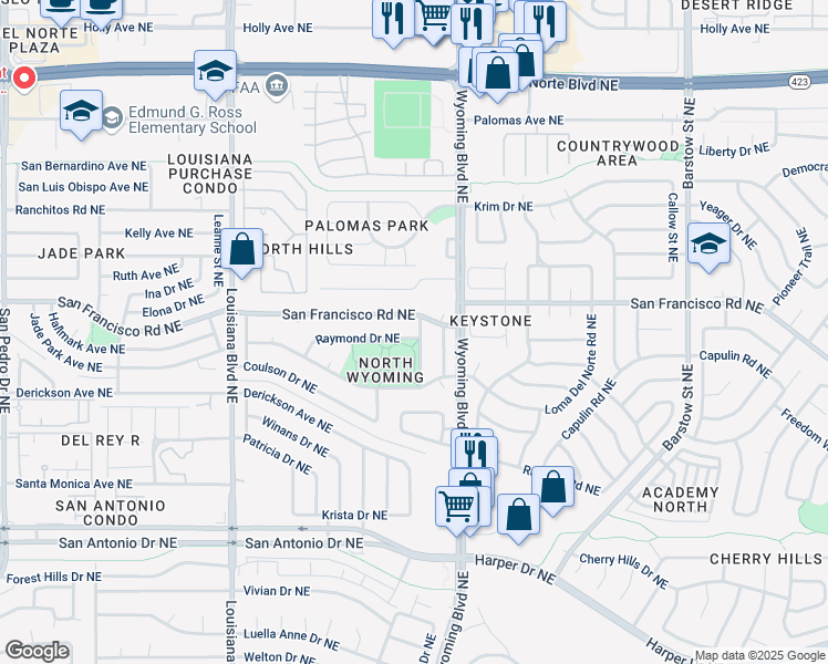map of restaurants, bars, coffee shops, grocery stores, and more near 7805 Raymond Drive Northeast in Albuquerque