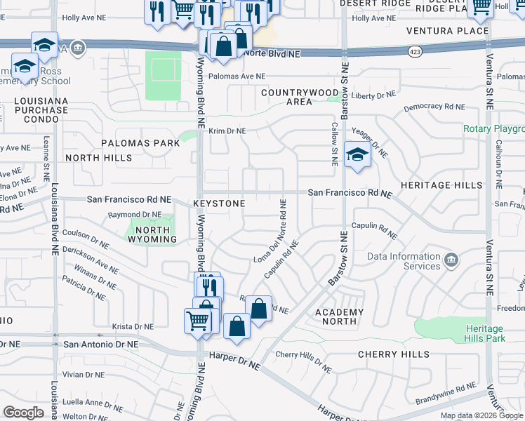 map of restaurants, bars, coffee shops, grocery stores, and more near 8133 Shannon Street Northeast in Albuquerque