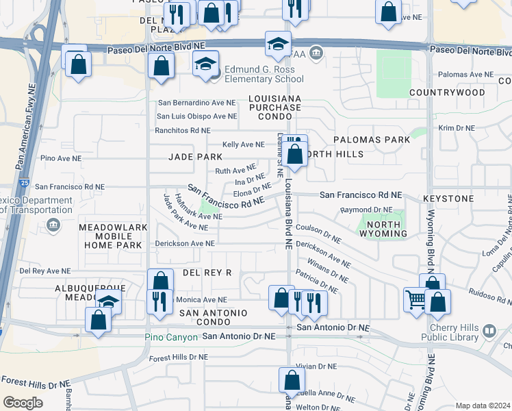 map of restaurants, bars, coffee shops, grocery stores, and more near 6837 Hallmark Avenue Northeast in Albuquerque