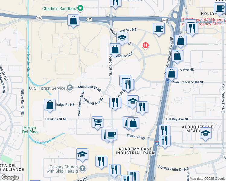 map of restaurants, bars, coffee shops, grocery stores, and more near 7501 Jefferson Street Northeast in Albuquerque