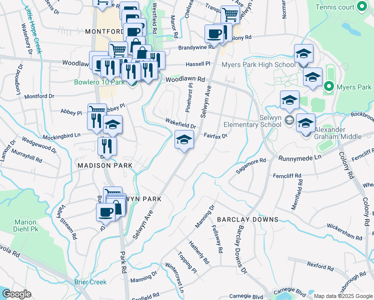 map of restaurants, bars, coffee shops, grocery stores, and more near 3347 Selwyn Avenue in Charlotte