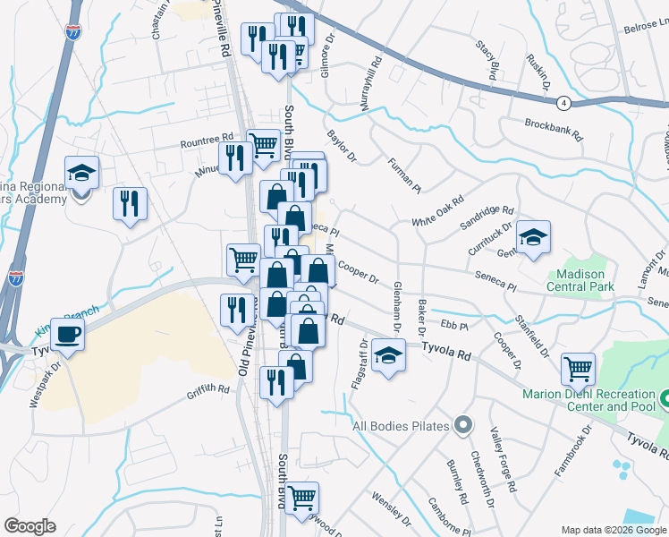 map of restaurants, bars, coffee shops, grocery stores, and more near 5308 Milford Road in Charlotte