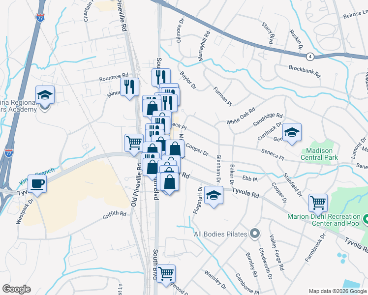 map of restaurants, bars, coffee shops, grocery stores, and more near 5308 Milford Road in Charlotte