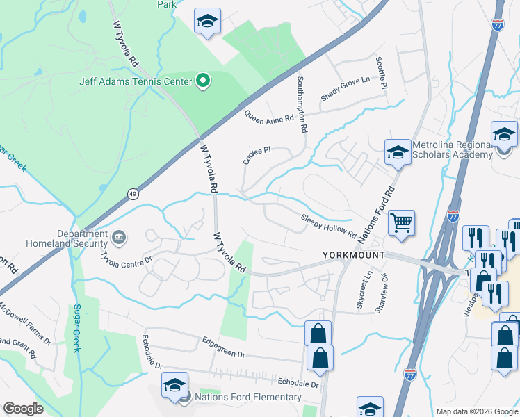map of restaurants, bars, coffee shops, grocery stores, and more near 401 Sleepy Hollow Road in Charlotte