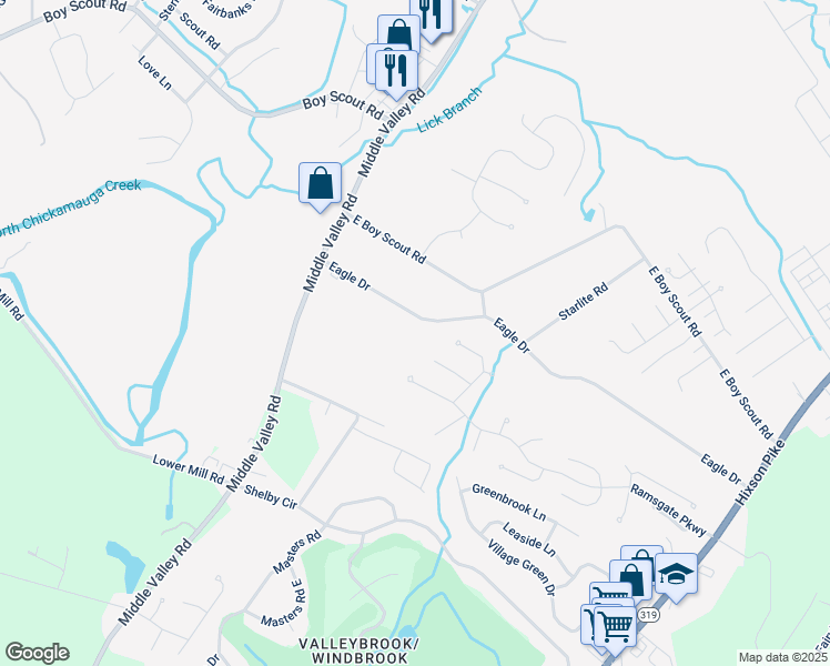 map of restaurants, bars, coffee shops, grocery stores, and more near 1618 Eagle Drive in Chattanooga