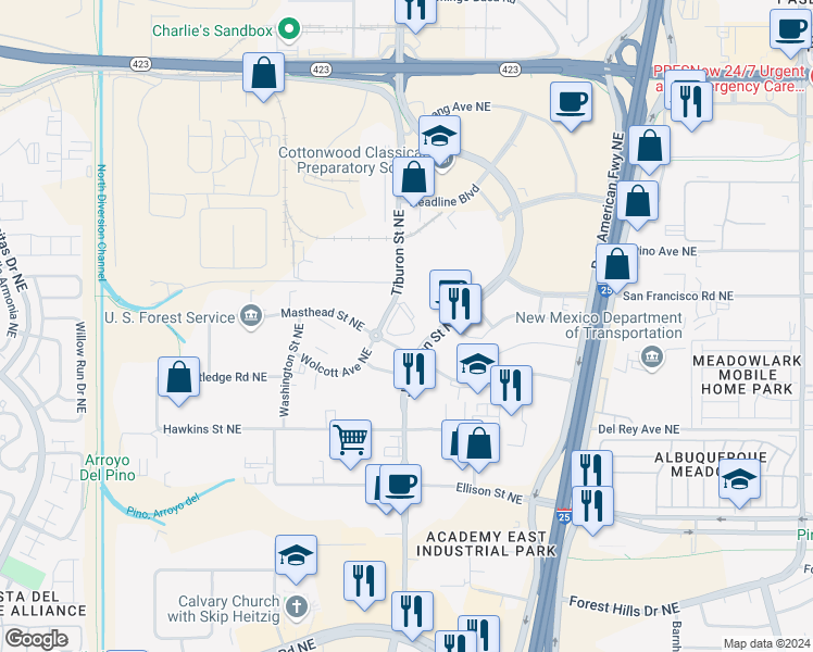 map of restaurants, bars, coffee shops, grocery stores, and more near 7501 Jefferson Street Northeast in Albuquerque