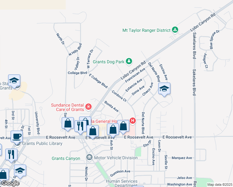 map of restaurants, bars, coffee shops, grocery stores, and more near 1101 Franciscan Avenue in Grants