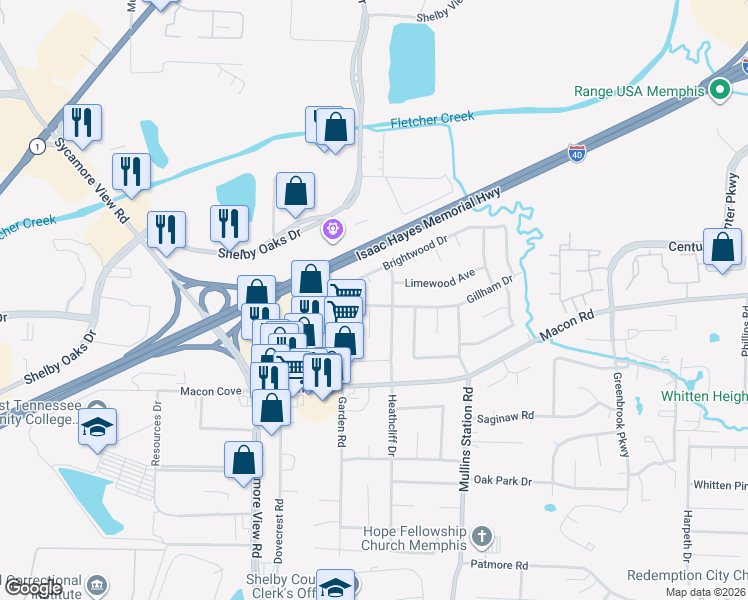 map of restaurants, bars, coffee shops, grocery stores, and more near 6258 Gillham Drive in Memphis