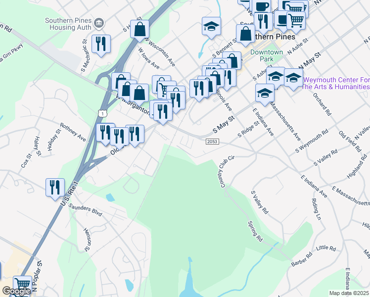map of restaurants, bars, coffee shops, grocery stores, and more near 16 Elk Ridge Lane in Southern Pines
