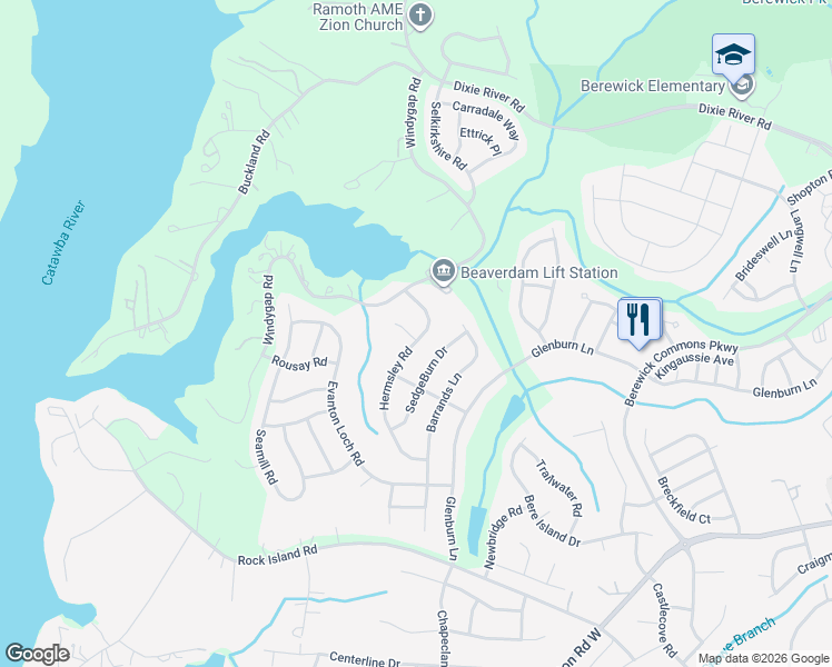 map of restaurants, bars, coffee shops, grocery stores, and more near 6503 Hermsley Road in Charlotte