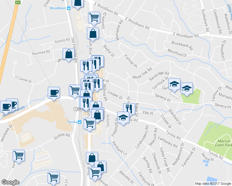 map of restaurants, bars, coffee shops, grocery stores, and more near 237 Cooper Drive in Charlotte