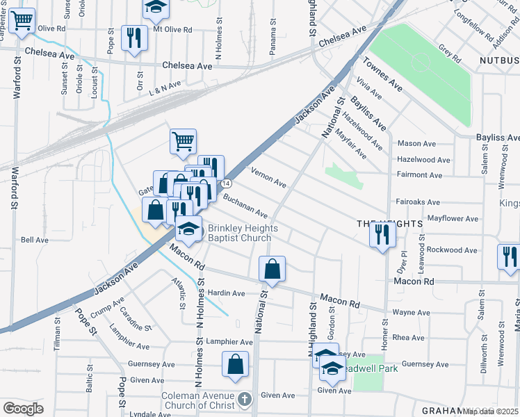 map of restaurants, bars, coffee shops, grocery stores, and more near 3394 Buchanan Avenue in Memphis
