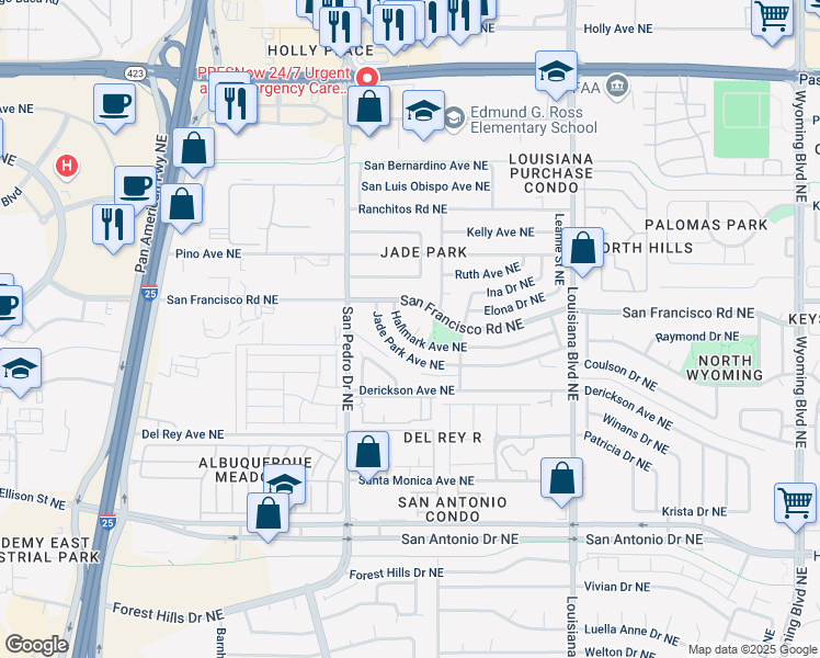 map of restaurants, bars, coffee shops, grocery stores, and more near 6613 Hallmark Avenue Northeast in Albuquerque