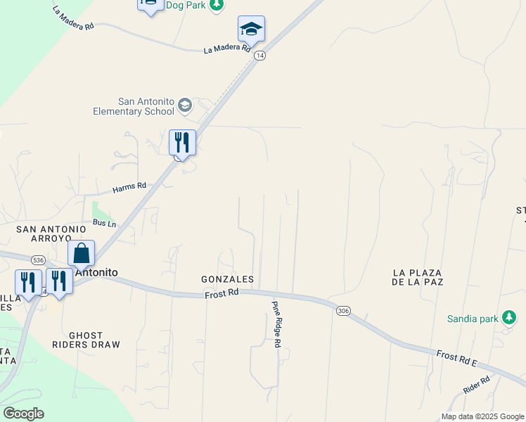 map of restaurants, bars, coffee shops, grocery stores, and more near 71 Frost Road in Sandia Park
