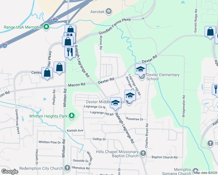 map of restaurants, bars, coffee shops, grocery stores, and more near 6979 Dexter Road in Shelby County