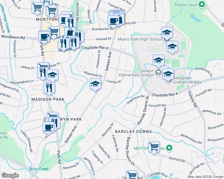 map of restaurants, bars, coffee shops, grocery stores, and more near 3239 Sunnymede Lane in Charlotte