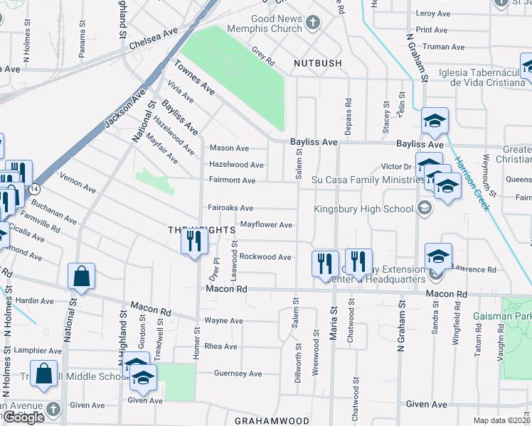 map of restaurants, bars, coffee shops, grocery stores, and more near 3748 Mayflower Avenue in Memphis
