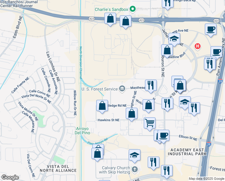 map of restaurants, bars, coffee shops, grocery stores, and more near 7440 Bartlett Street in Albuquerque