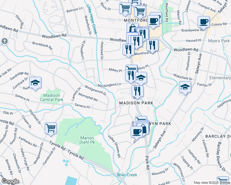 map of restaurants, bars, coffee shops, grocery stores, and more near 1450 Estates Avenue in Charlotte