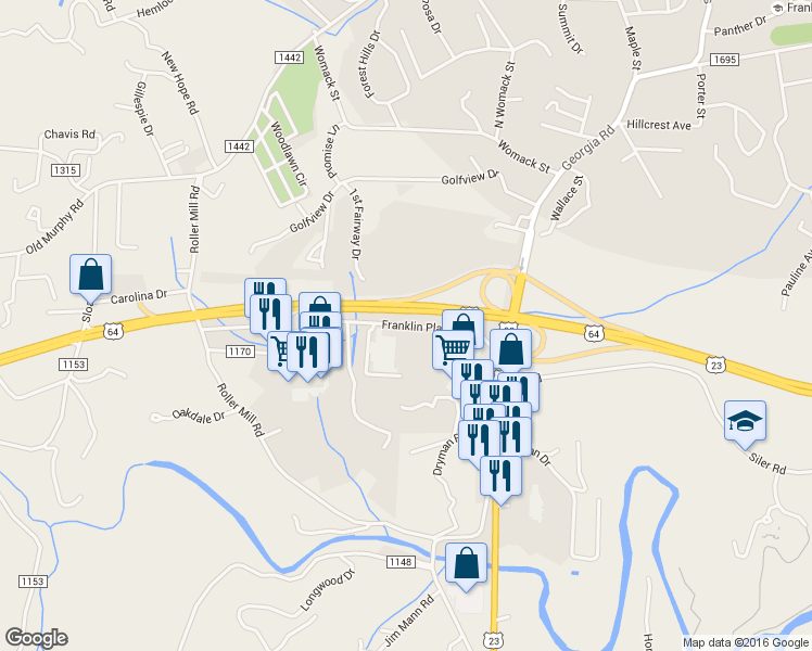 map of restaurants, bars, coffee shops, grocery stores, and more near Franklin Plaza in Franklin