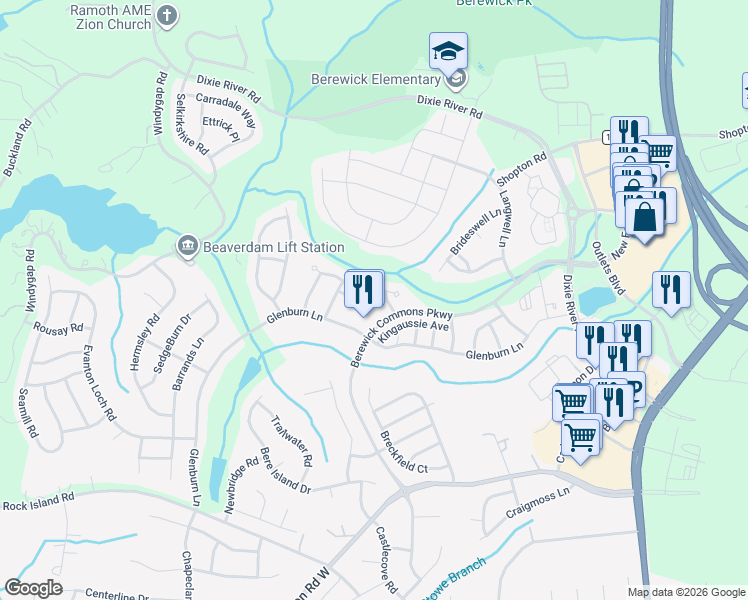 map of restaurants, bars, coffee shops, grocery stores, and more near 9510 Birkwood Court in Charlotte