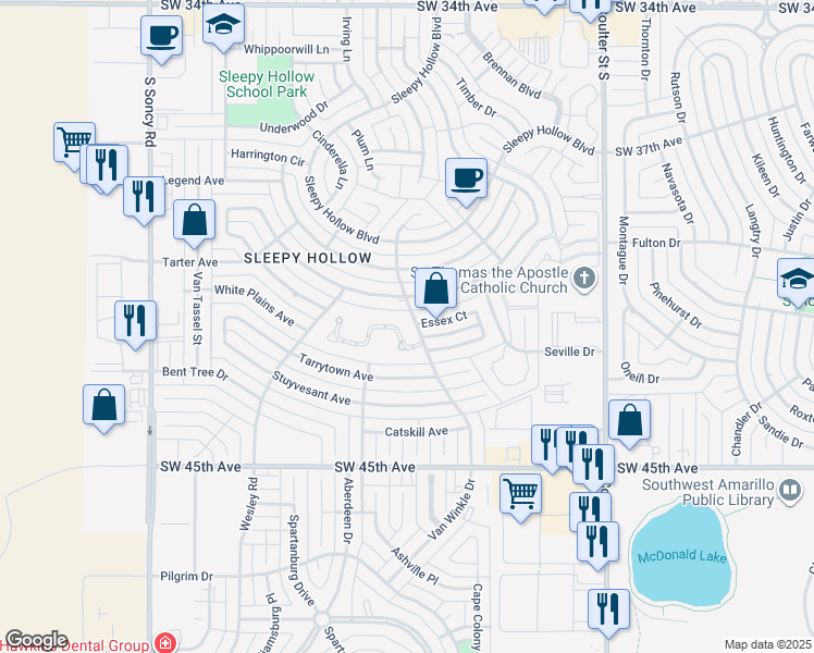 map of restaurants, bars, coffee shops, grocery stores, and more near 20 Cloister Parkway in Amarillo