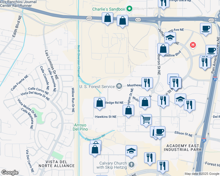 map of restaurants, bars, coffee shops, grocery stores, and more near 7440 Bartlett Street in Albuquerque