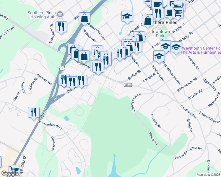 map of restaurants, bars, coffee shops, grocery stores, and more near 16 Elk Ridge Lane in Southern Pines