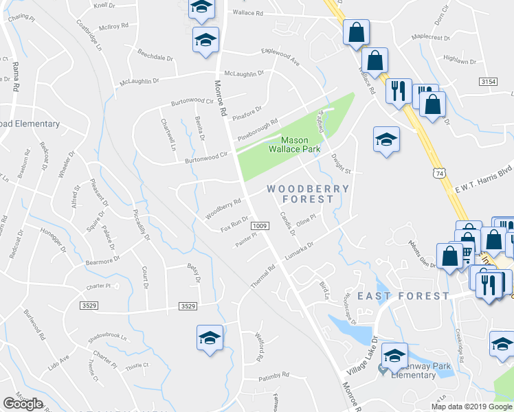 map of restaurants, bars, coffee shops, grocery stores, and more near 7526 Candis Drive in Charlotte