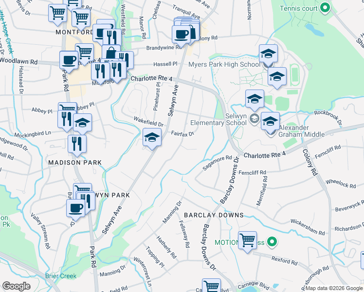 map of restaurants, bars, coffee shops, grocery stores, and more near 3239 Sunnymede Lane in Charlotte